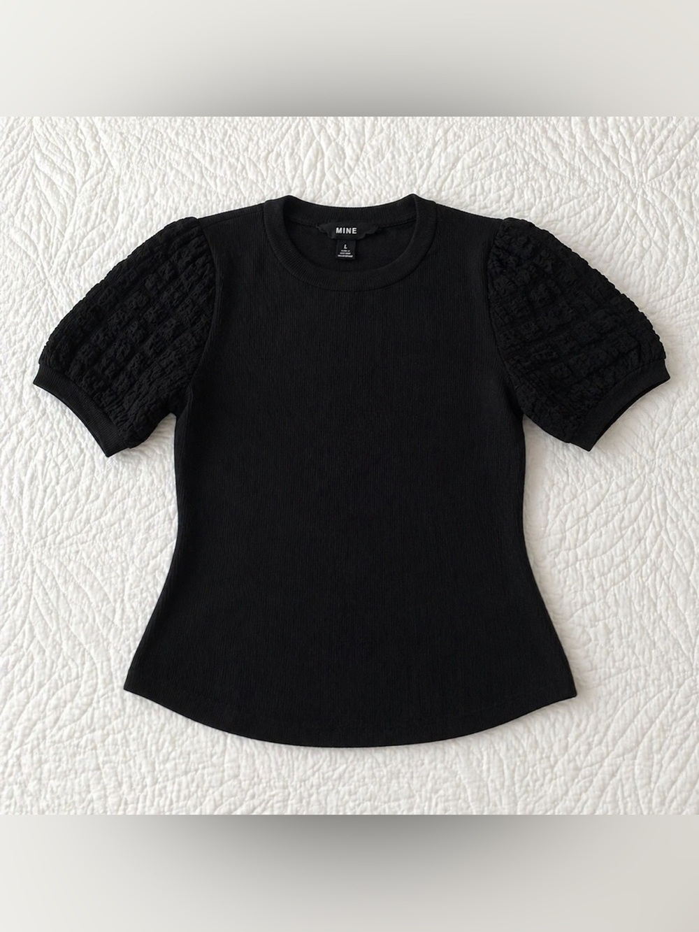 MINE Black Textured Puff-Sleeve Tee